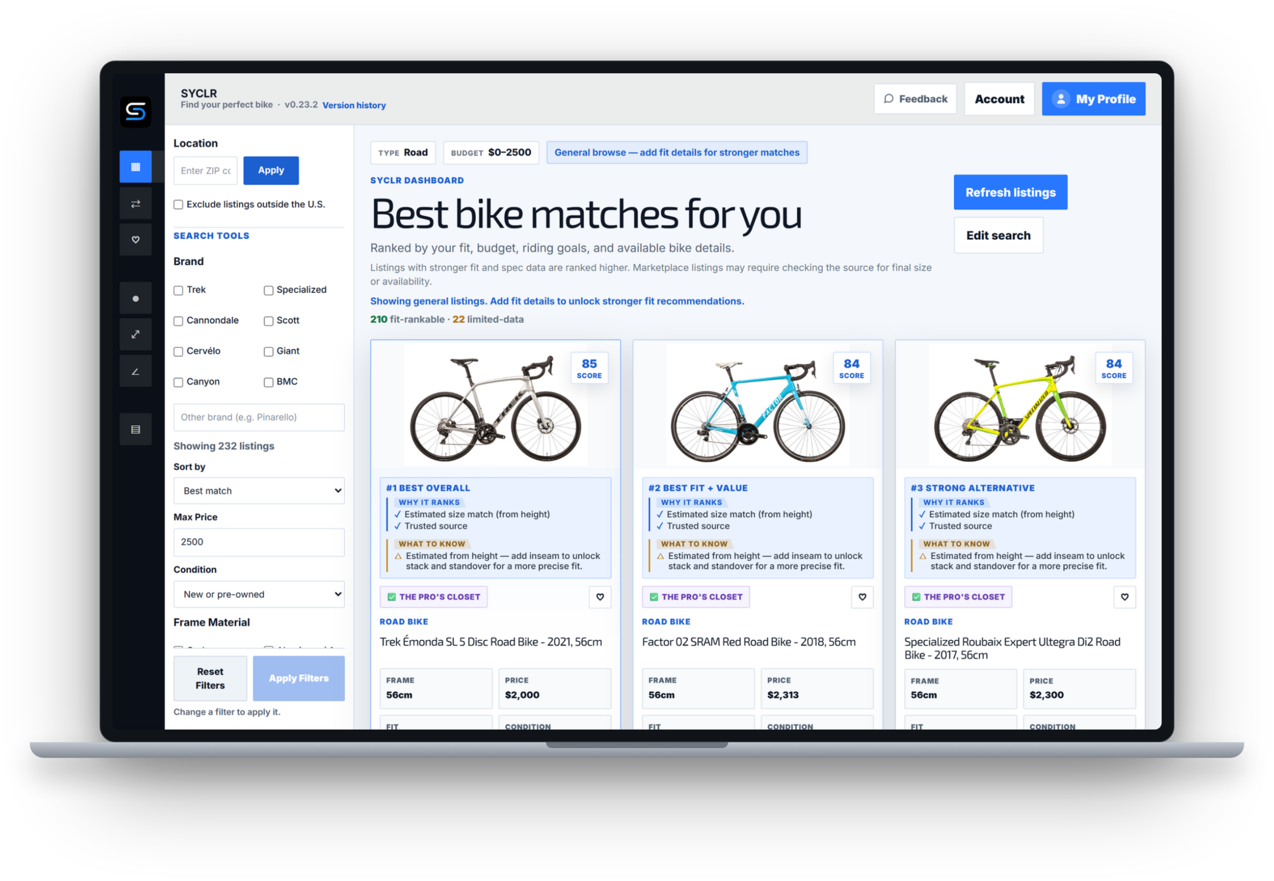SYCLR bike search results showing fit-aware road and gravel bike matches