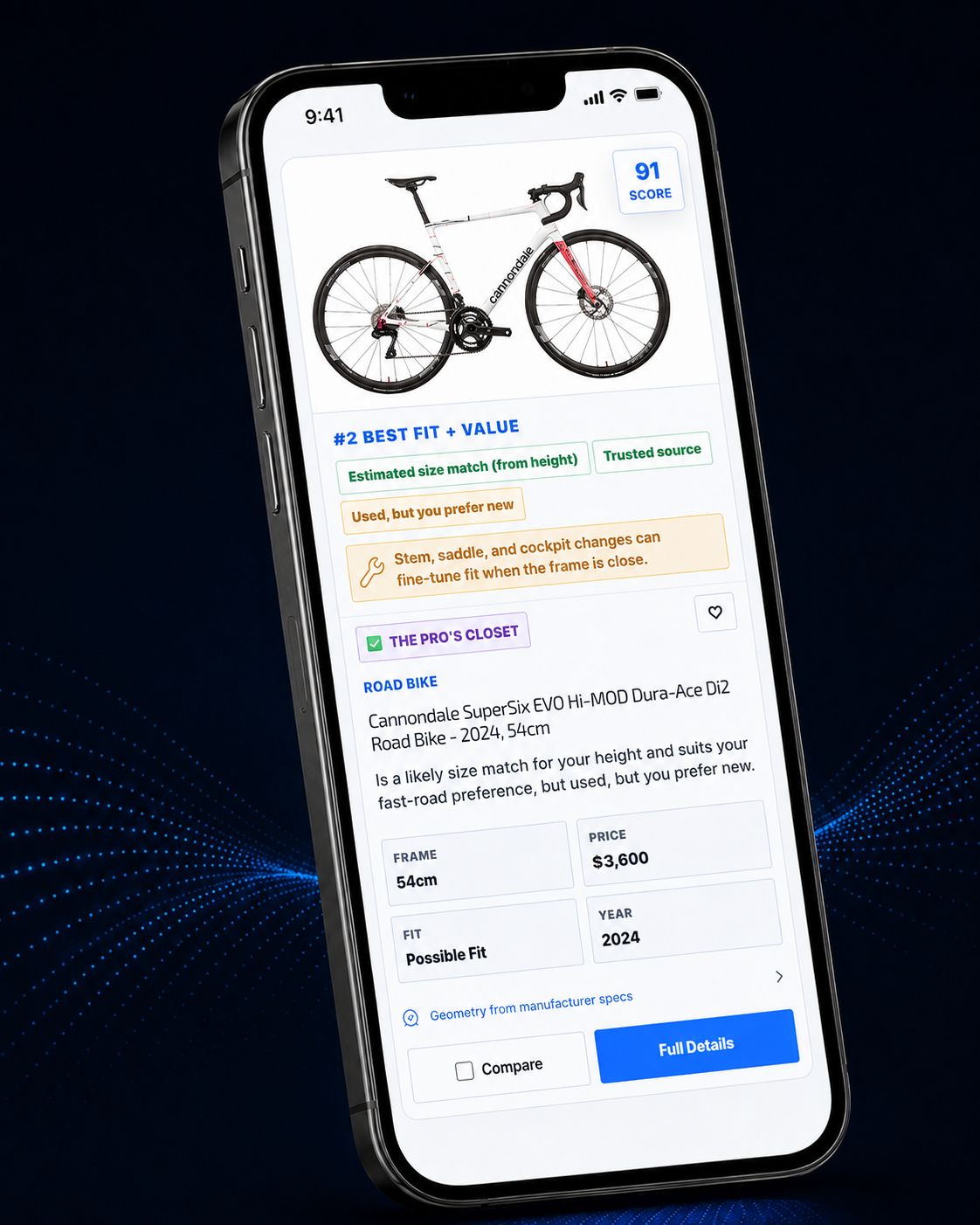 SYCLR listing card mockup showing a fit-aware bike recommendation