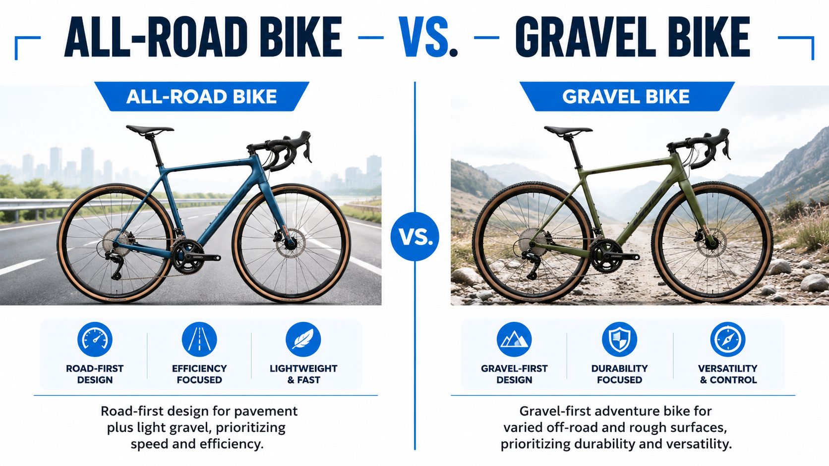 A comparison graphic showing an all-road bike on pavement versus a gravel bike on a rough dirt path.