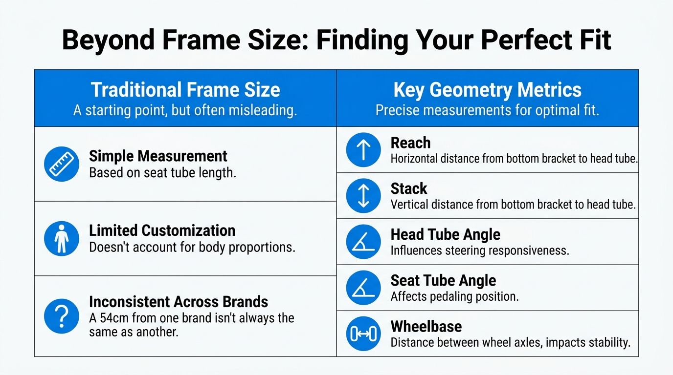 A comparison chart explaining bike fit concepts including traditional frame sizing versus modern key geometry metrics.