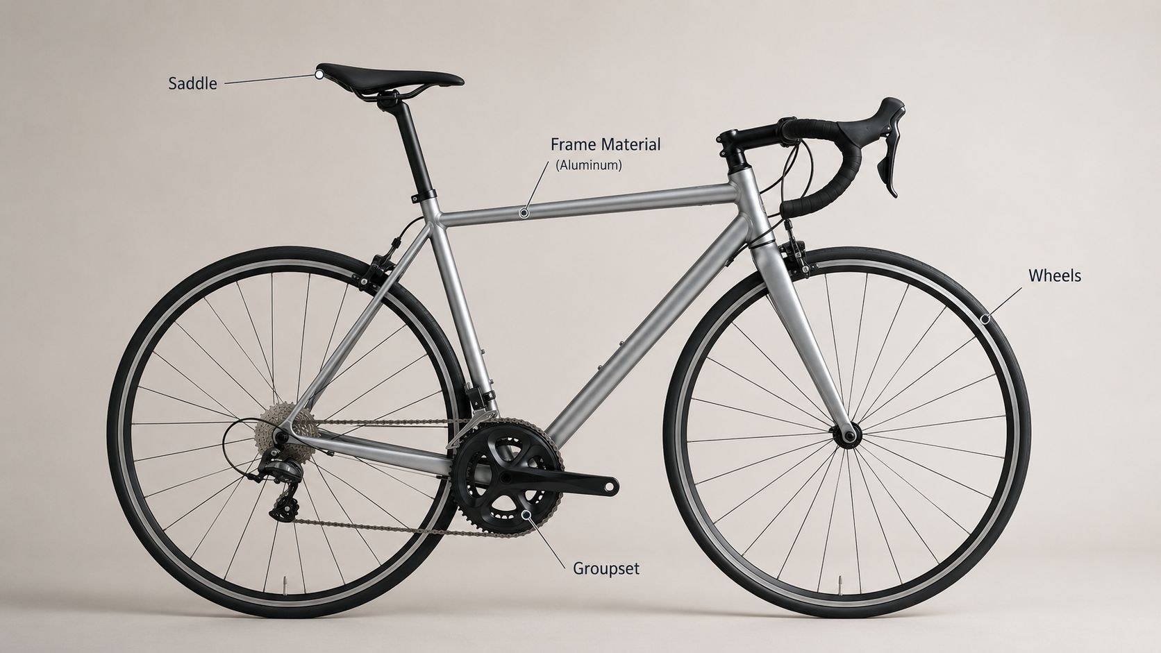 A silver road bike for beginners isolated on a plain background with labeled components.