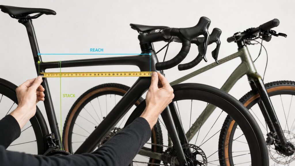 Hands measuring a road bike cockpit with a tape measure, stack and reach labelled