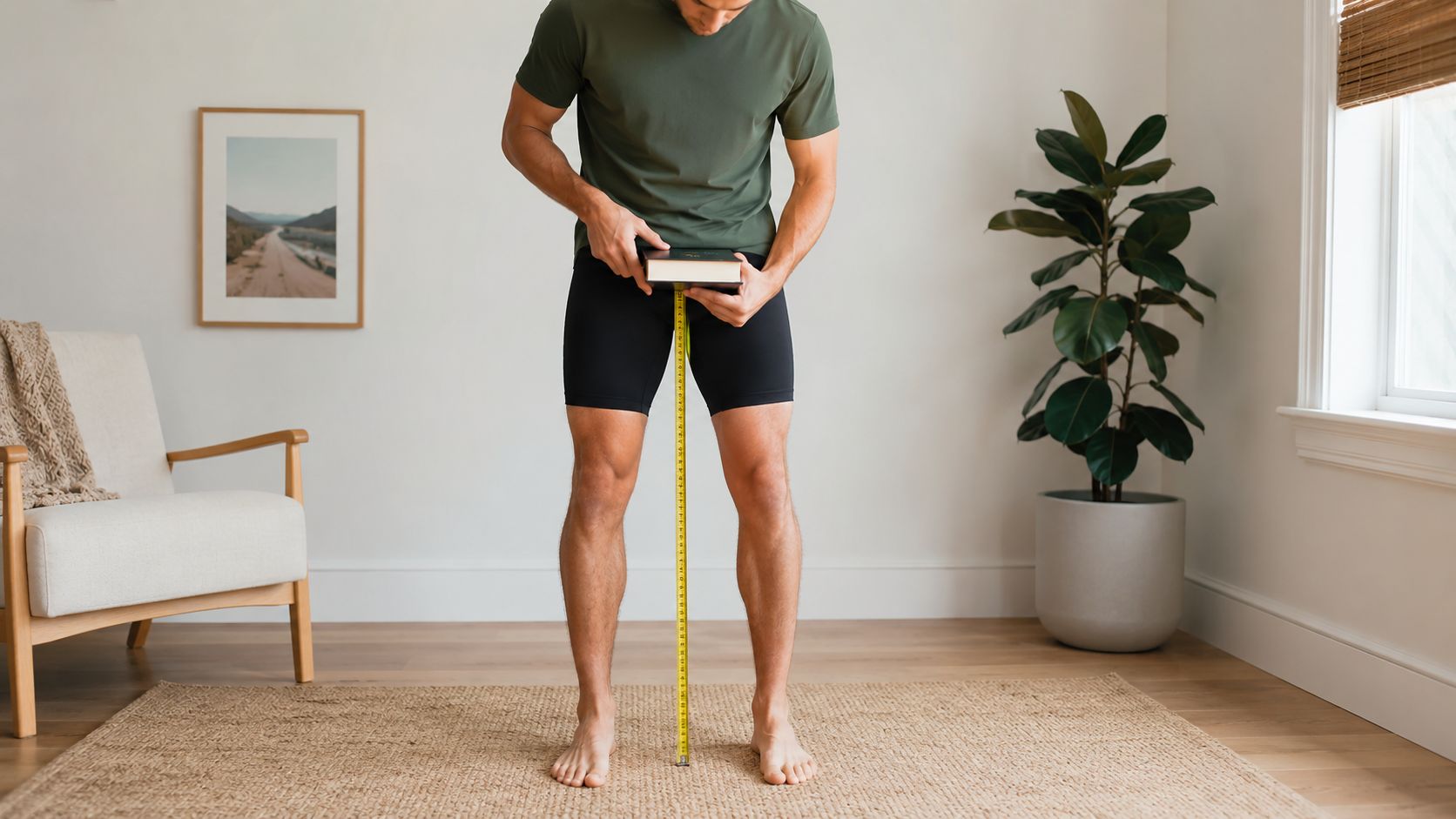 A man measuring his inseam length using a measuring tape and a book for a bike fit.