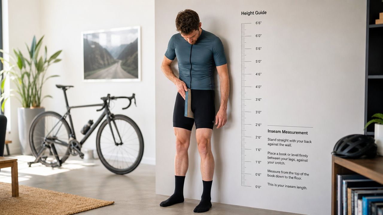 A man demonstrating how to measure inseam length for proper bike fit using a book against a wall.