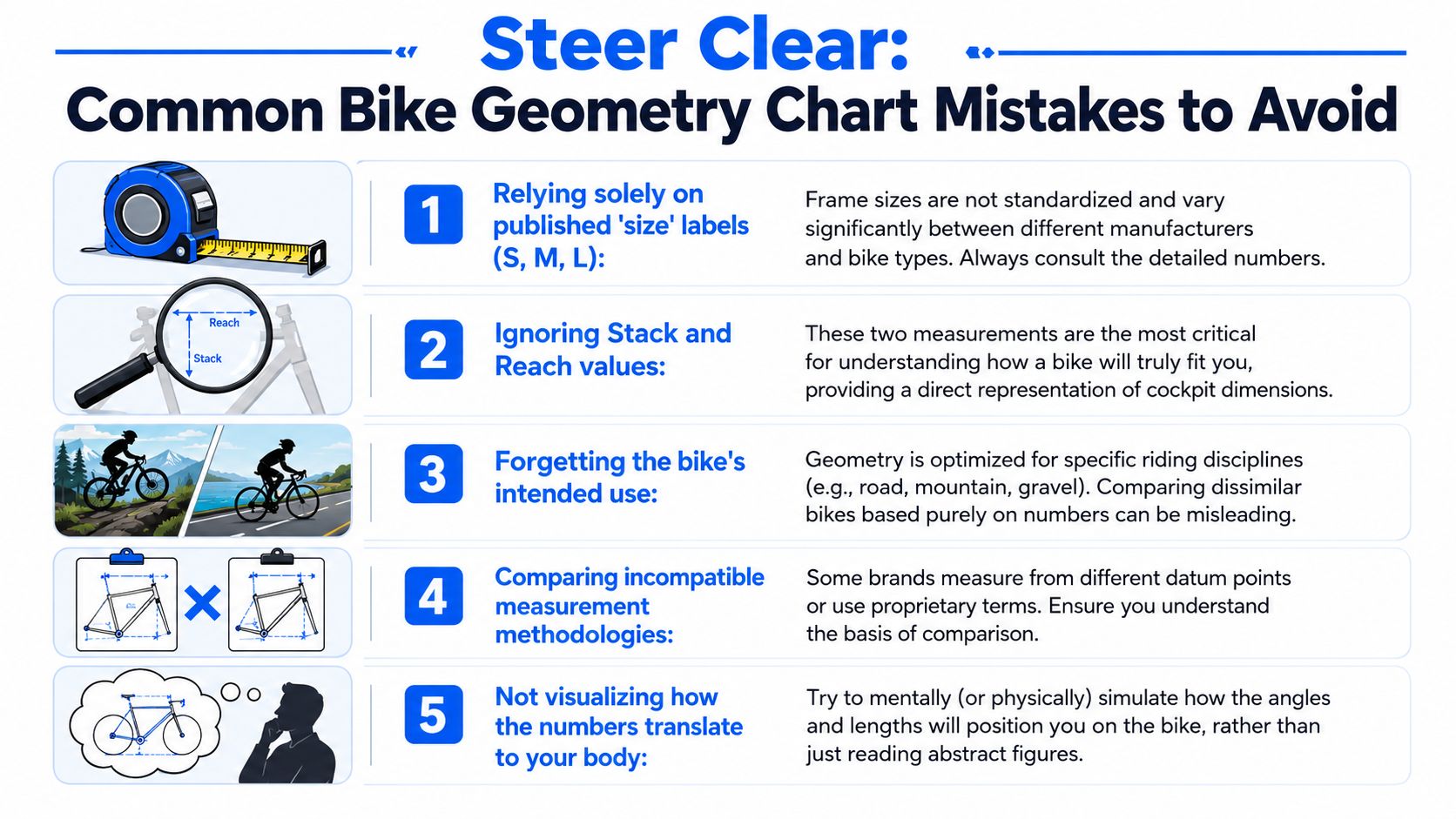 An infographic titled Steer Clear illustrating five common mistakes to avoid when interpreting bike geometry charts.