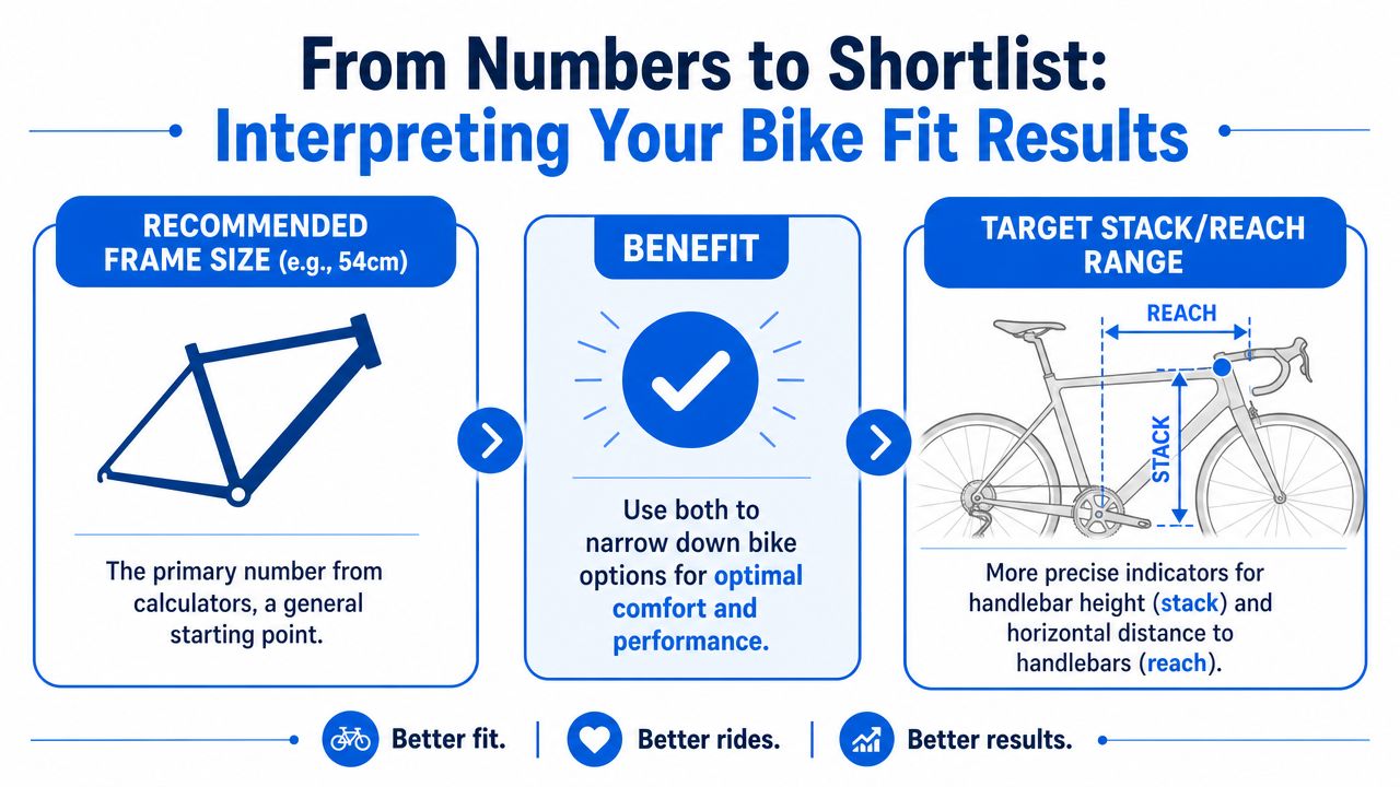 An infographic explaining how to interpret bike fit results by comparing frame size to stack and reach measurements.