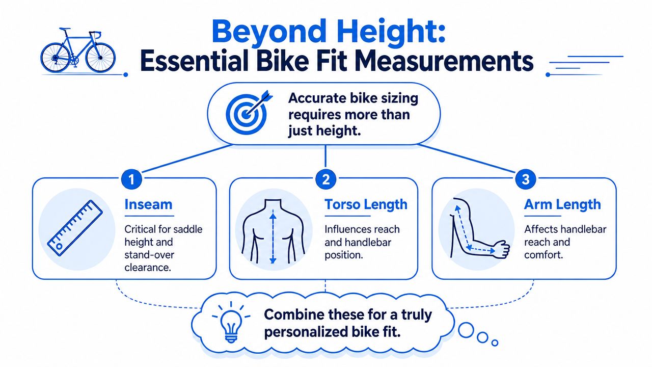 An infographic titled Beyond Height showing three essential body measurements for finding a better bike fit.