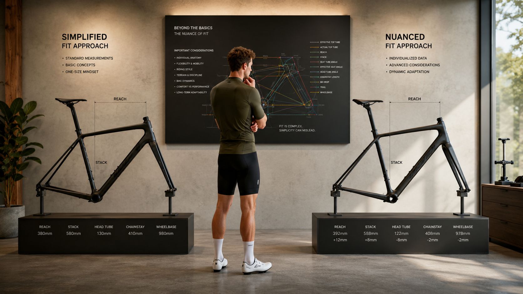 A man observing a display comparing simplified versus nuanced bike fit geometry using stack and reach measurements.
