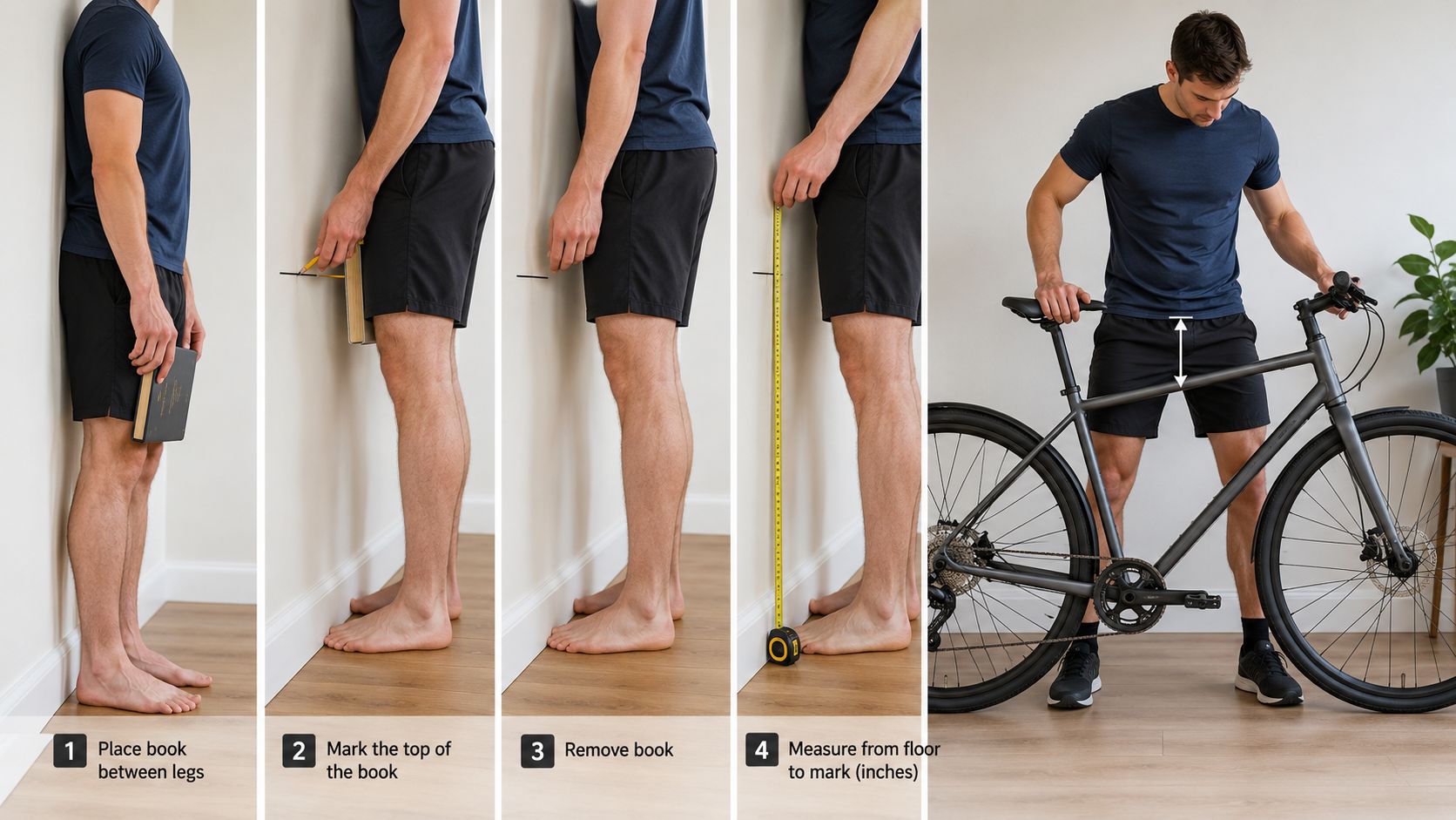 A man demonstrating the steps to measure inseam length to determine the correct bike standover height.