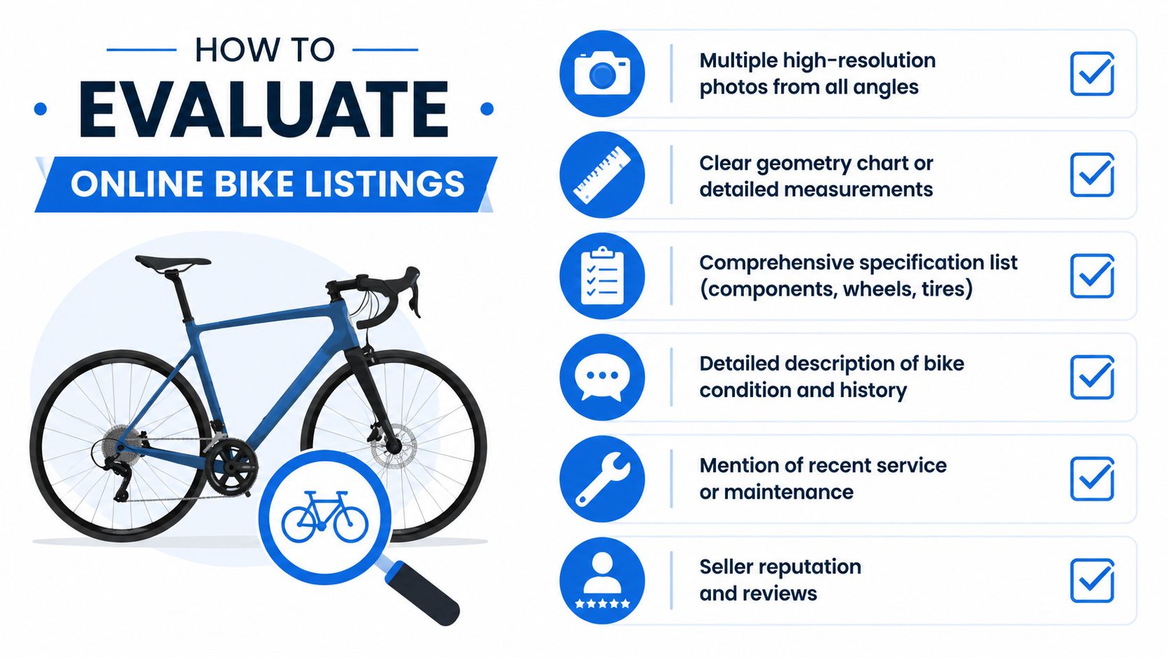 An infographic titled How to Evaluate Online Bike Listings with a checklist of six key tips.