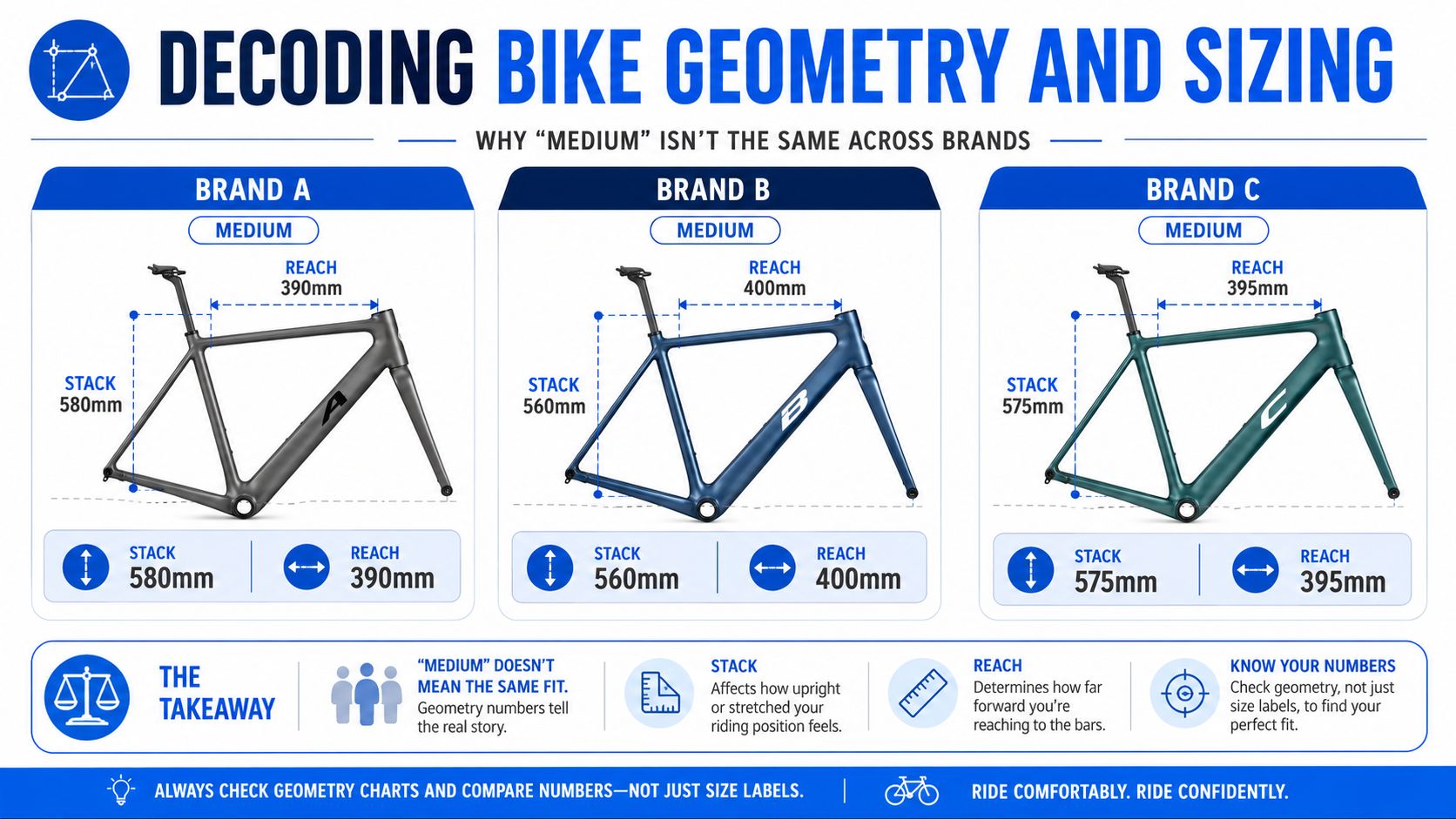 An infographic comparing stack and reach bike geometry measurements across three different medium-sized bicycle frame brands.