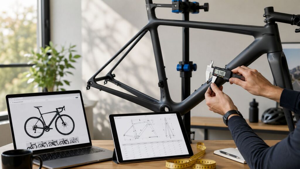 Person measuring a bike frame on a stand with digital calipers beside a laptop showing a bike listing