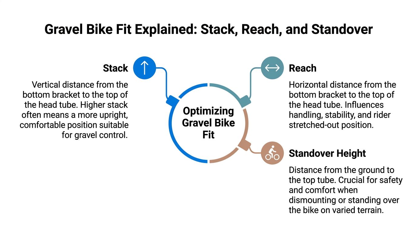 A diagram explaining gravel bike fit through definitions of stack, reach, and standover height measurements.