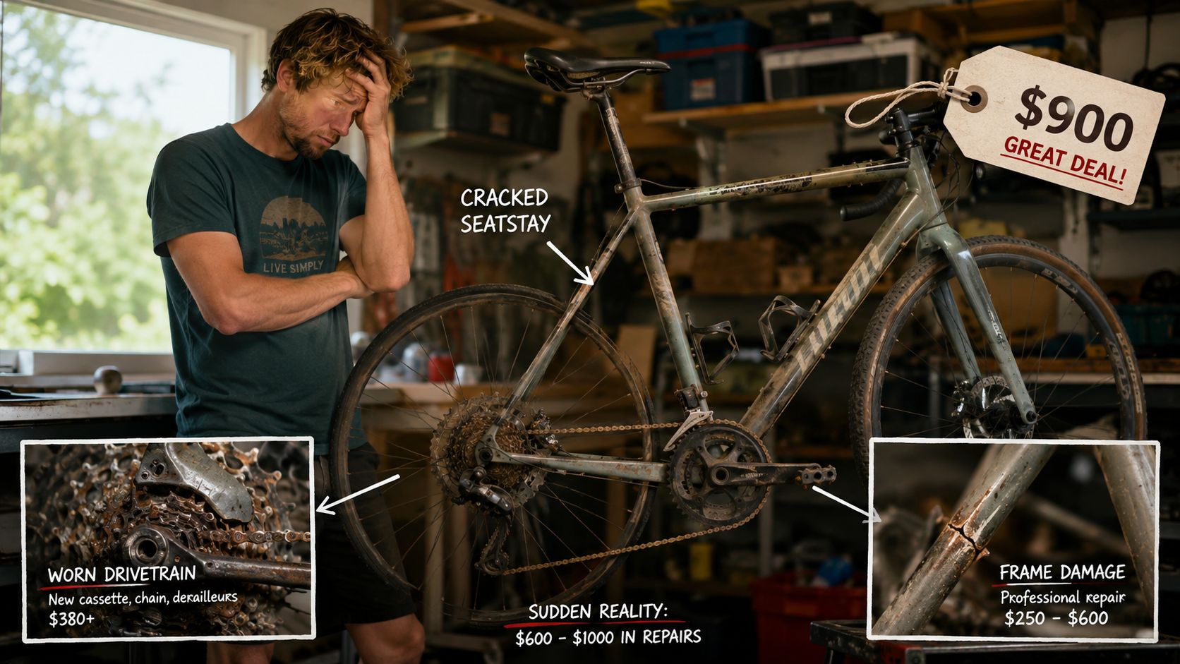 A frustrated man looks at a damaged used gravel bike with costly repair estimates displayed.