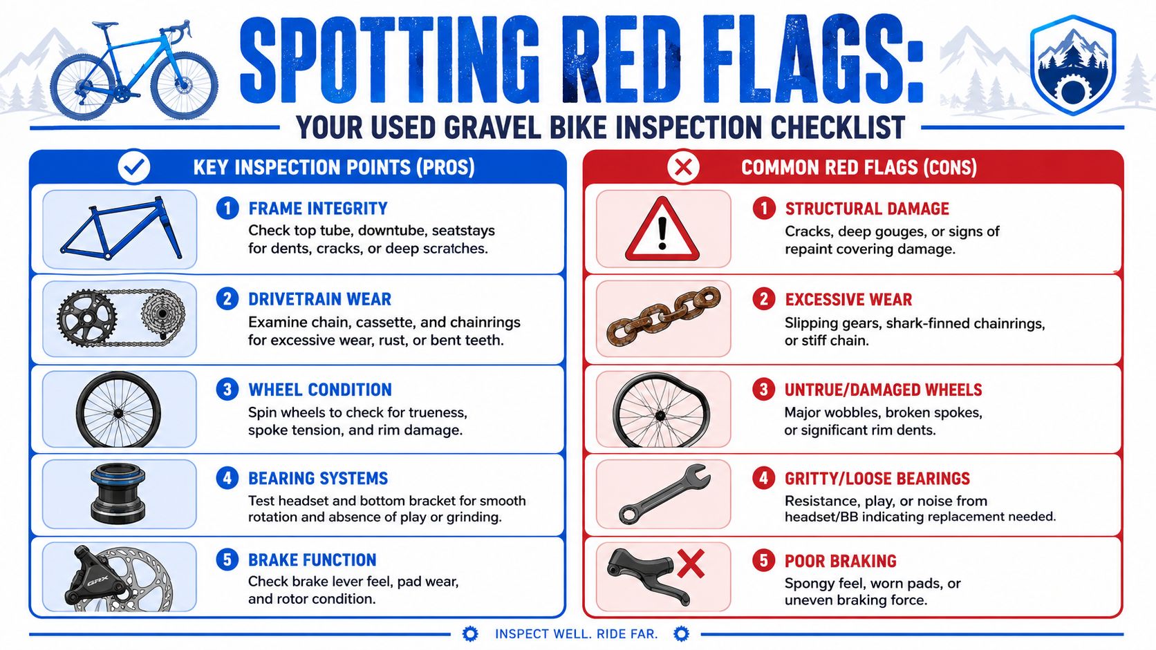 An inspection checklist for used gravel bikes detailing key components to check for potential damage.