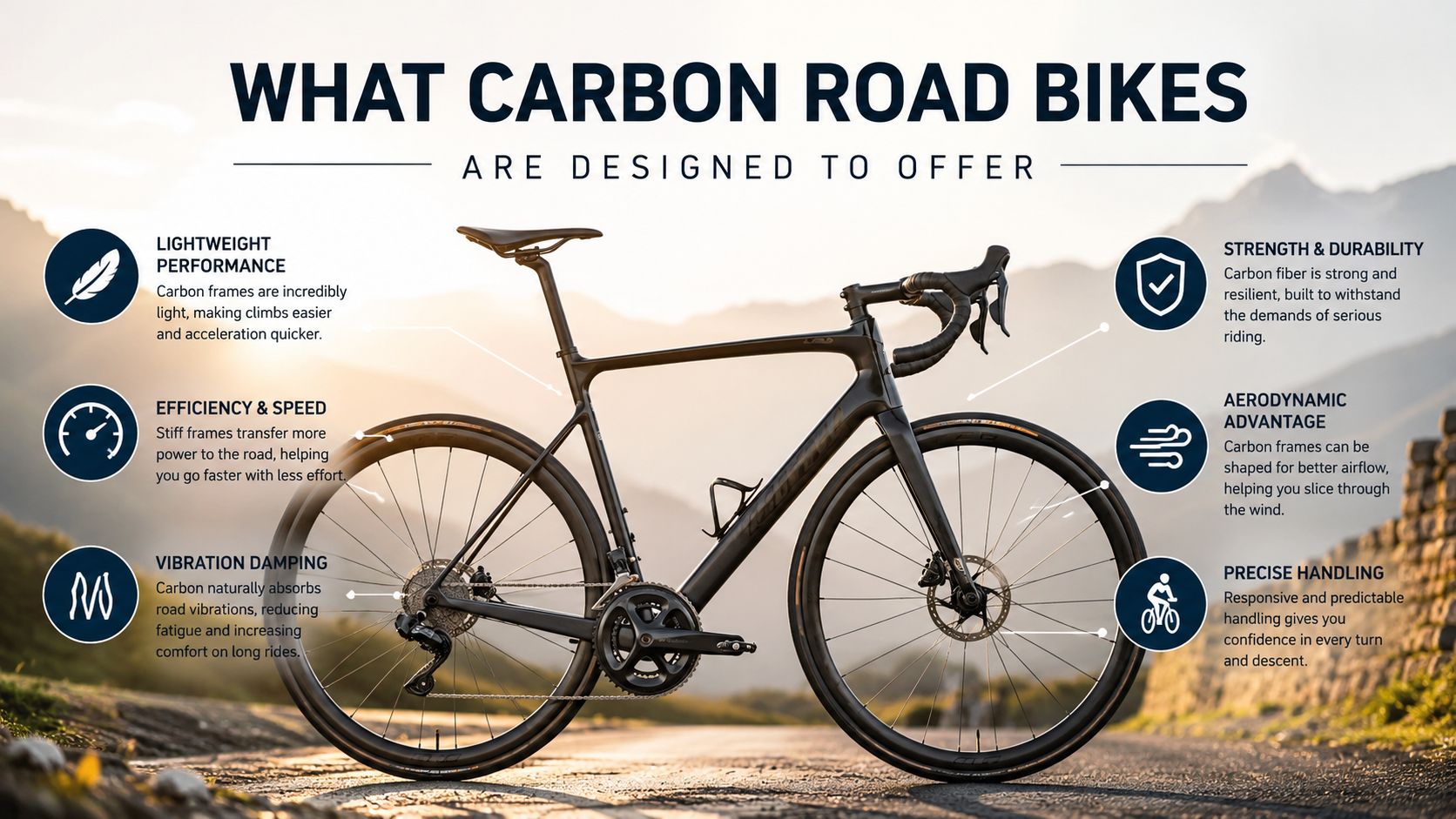 A black carbon road bike infographic highlighting performance, strength, aerodynamic advantages, and vibration damping benefits.