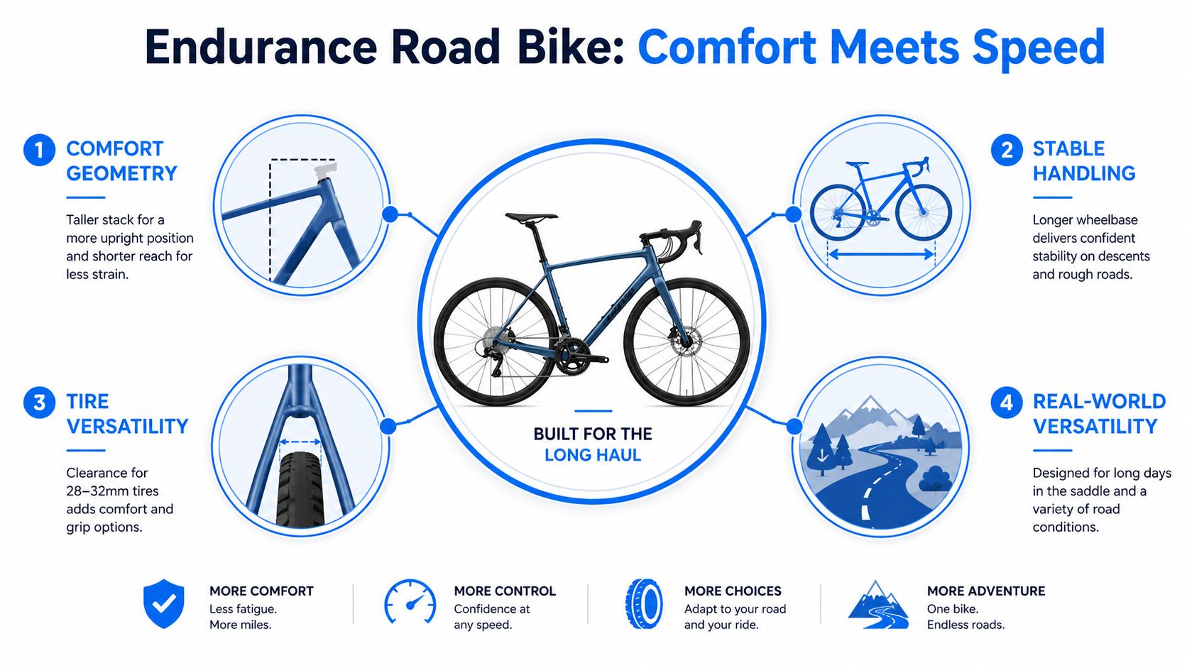 An infographic detailing the features of an endurance road bike designed for comfort and long-distance riding.