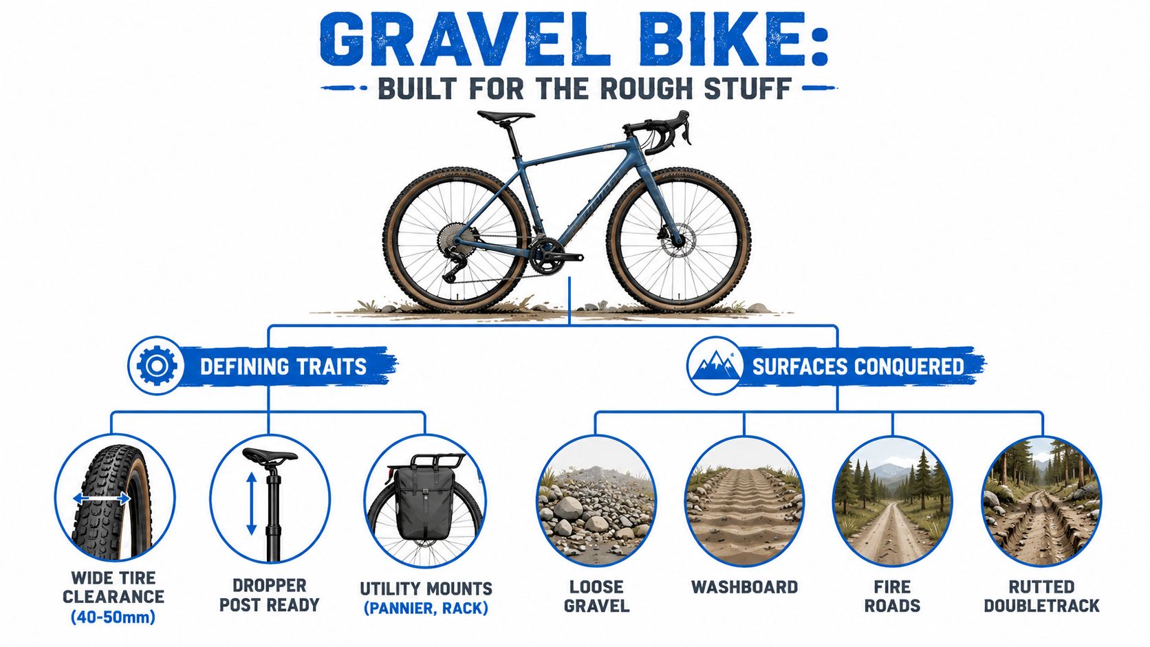 A diagram illustrating the key features and terrain capabilities of a versatile off-road gravel bike.