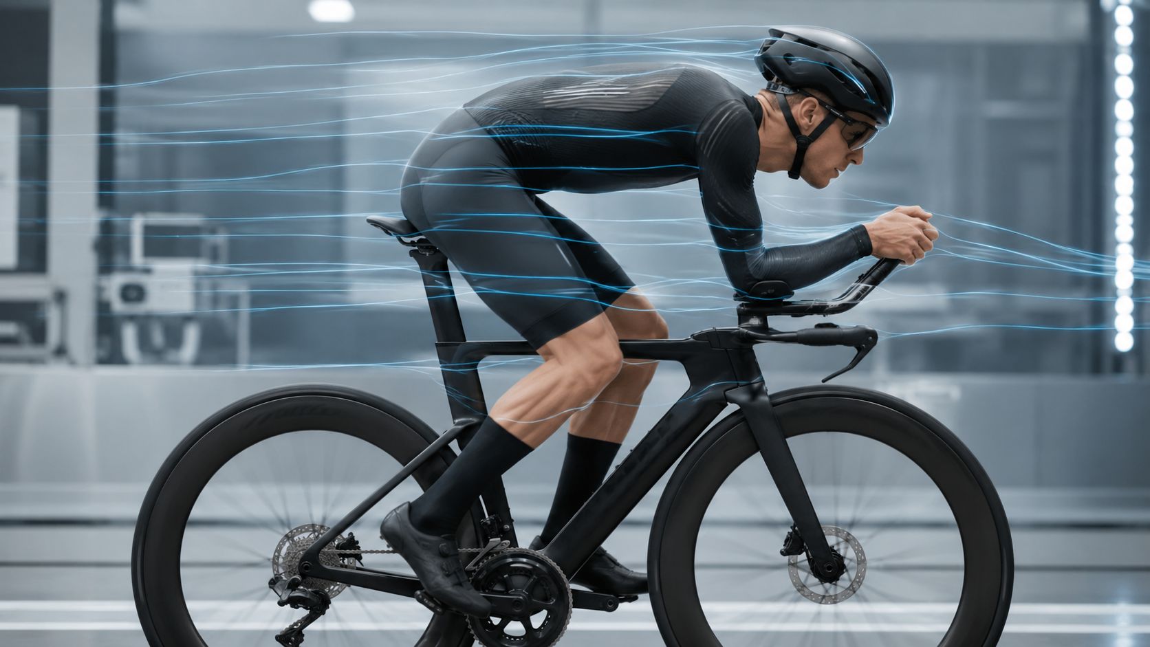 A professional cyclist in an aerodynamic position riding a high-performance black road bike inside a wind tunnel.