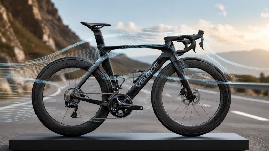 Black aero road bike on a mountain road with light streaks suggesting speed