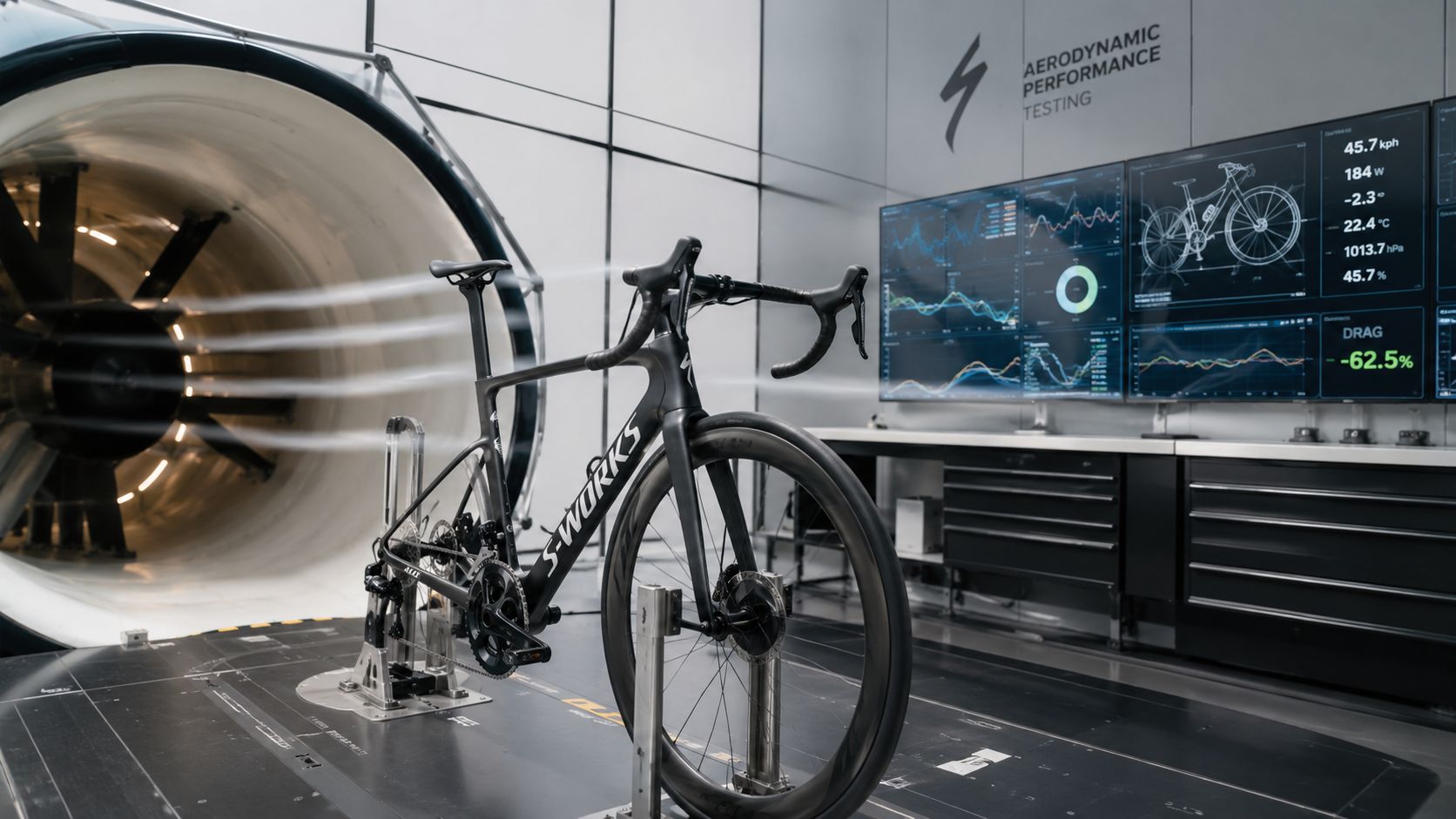 A black S-Works aerodynamic road bike positioned inside a professional wind tunnel for aerodynamic performance testing.