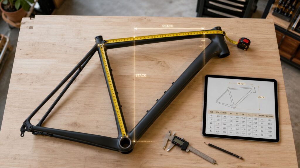 Bike frame on a workbench with a tape measure along the top tube, beside a tablet showing a size chart and calipers