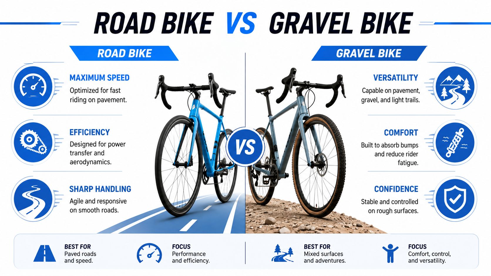 A comparison infographic between a blue road bike and a grey gravel bike on different surfaces.