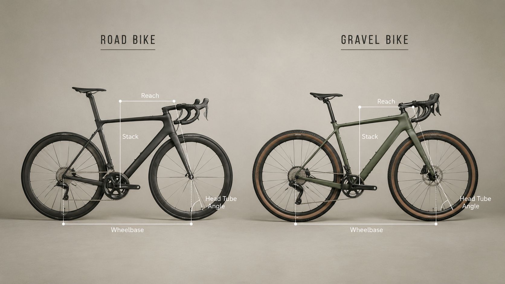 A side-by-side comparison diagram illustrating the geometry differences between a road bike and a gravel bike.