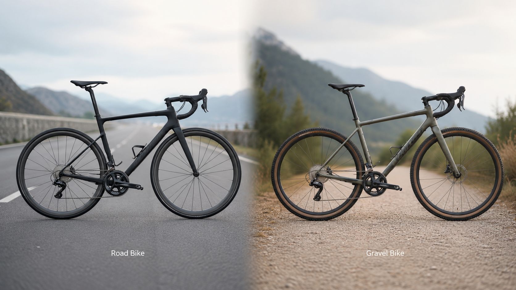 A side-by-side comparison showing a matte black road bike on pavement and a green gravel bike on dirt.
