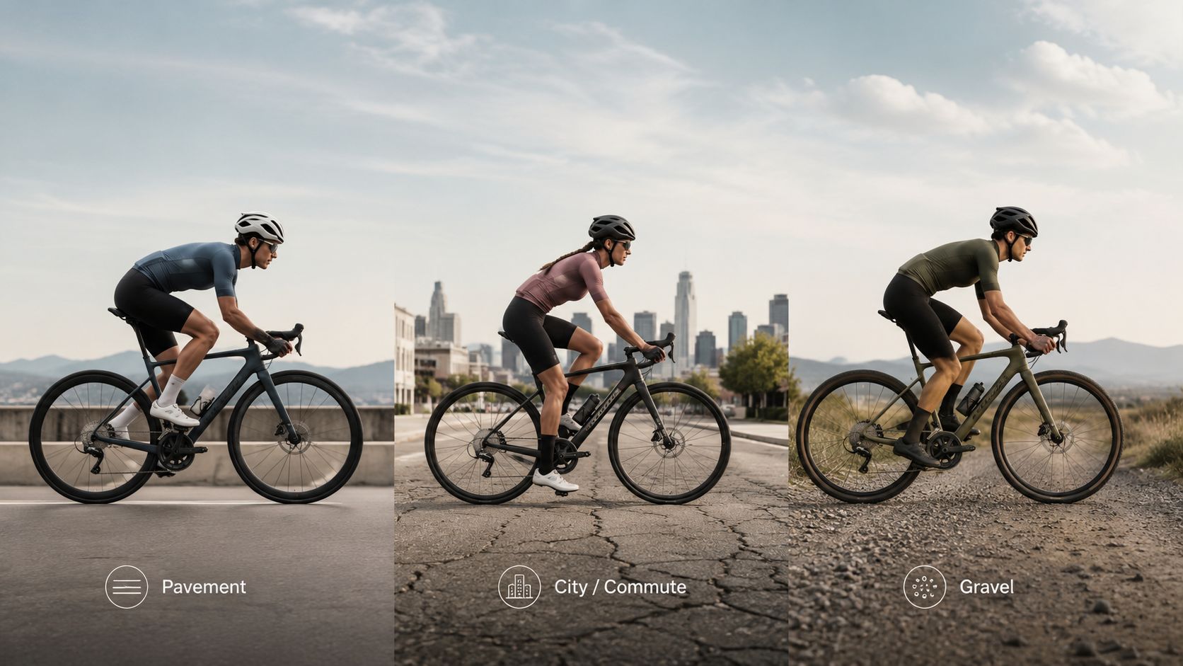 Three cyclists riding on pavement, city streets, and gravel paths to demonstrate bike versatility in different environments.