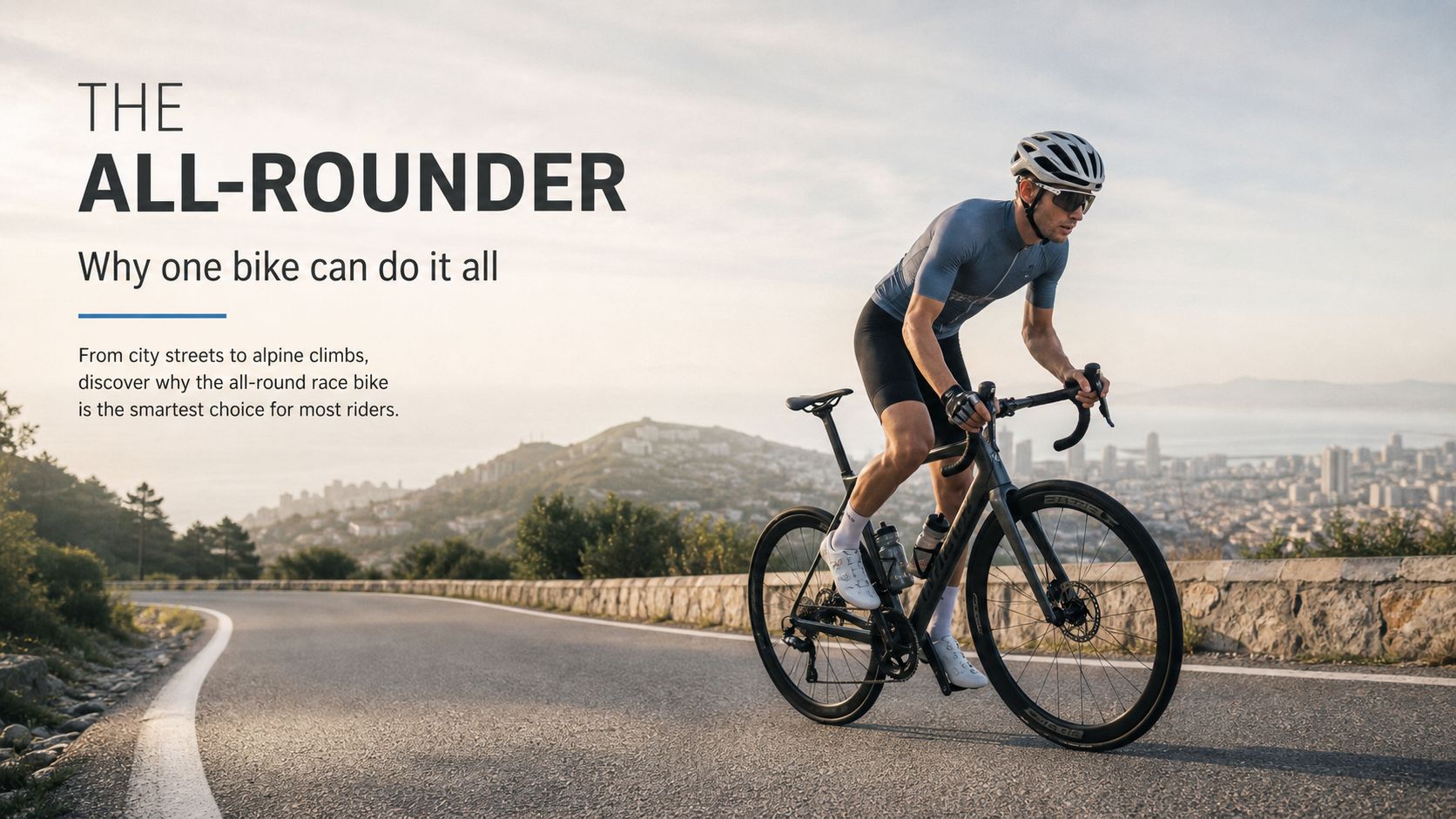 A professional cyclist riding a black road race bike along a scenic coastal road during sunset.