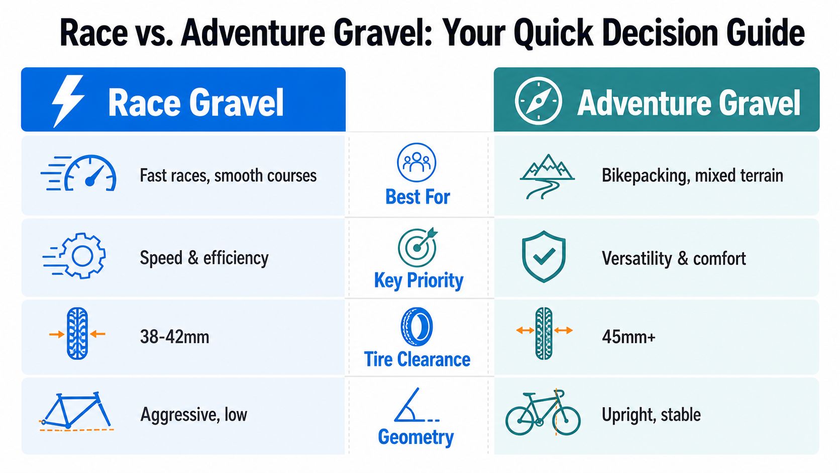 A comparison chart outlining key differences between race gravel and adventure gravel bikes for cyclists.