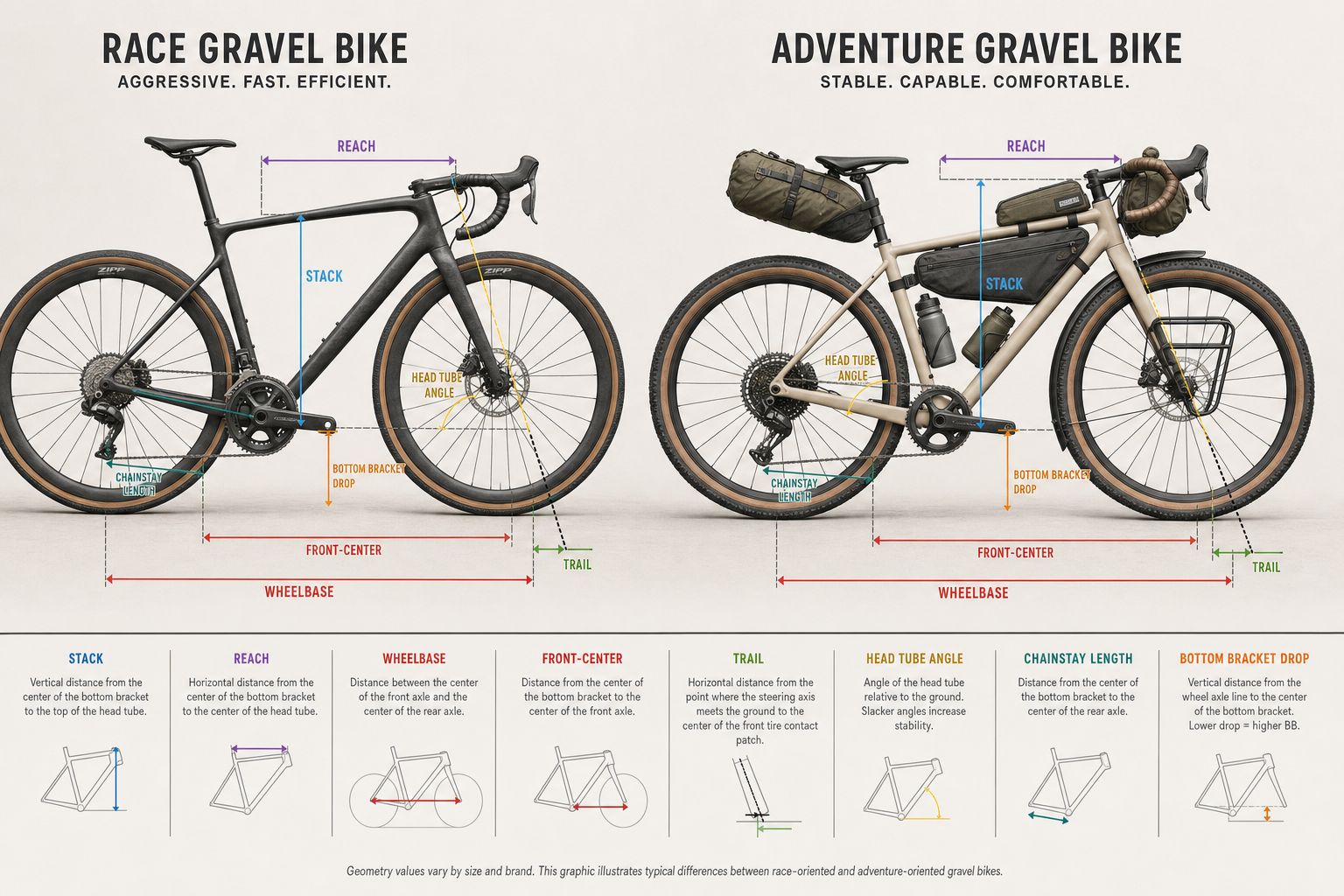An educational infographic comparing the geometry and design differences between race gravel bikes and adventure gravel bikes.