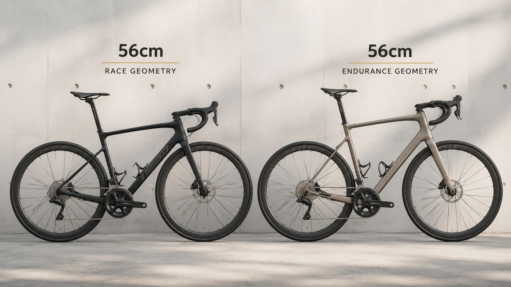 A side-by-side comparison of two 56cm bicycles showing the difference between race and endurance geometry frames.