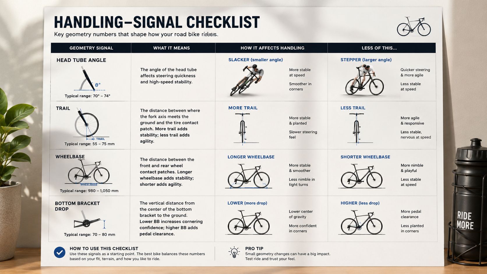 A detailed informational chart explaining road bike geometry measurements and their specific impact on bike handling characteristics.