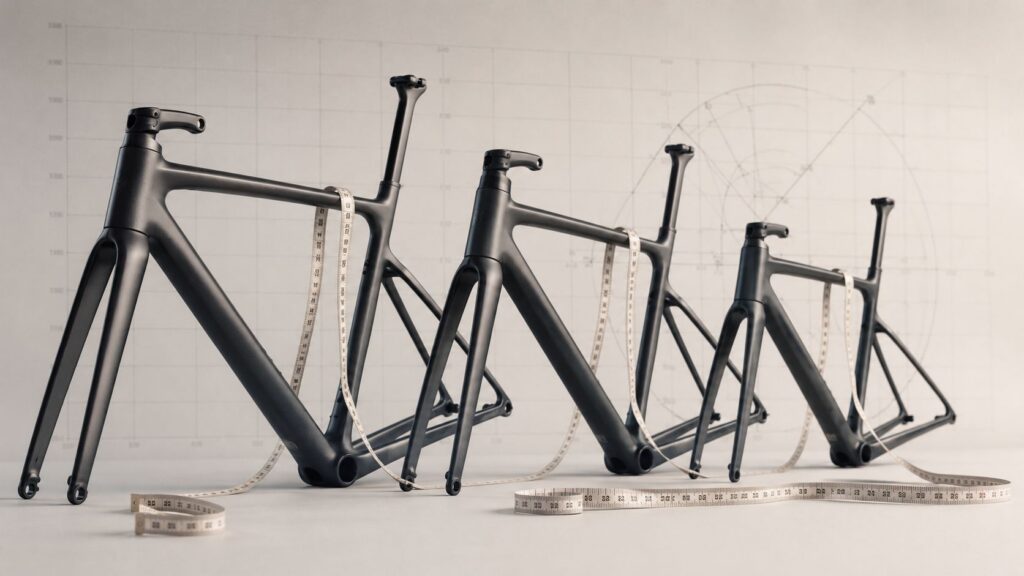 Five road bike frames of increasing size lined up in front of geometry sketches