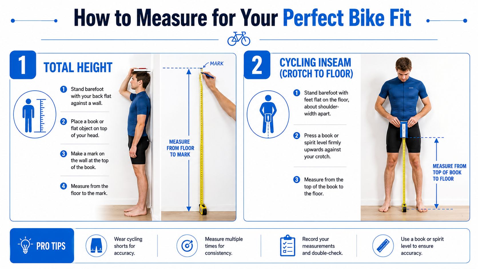 An infographic showing how to measure total body height and cycling inseam for bike sizing.