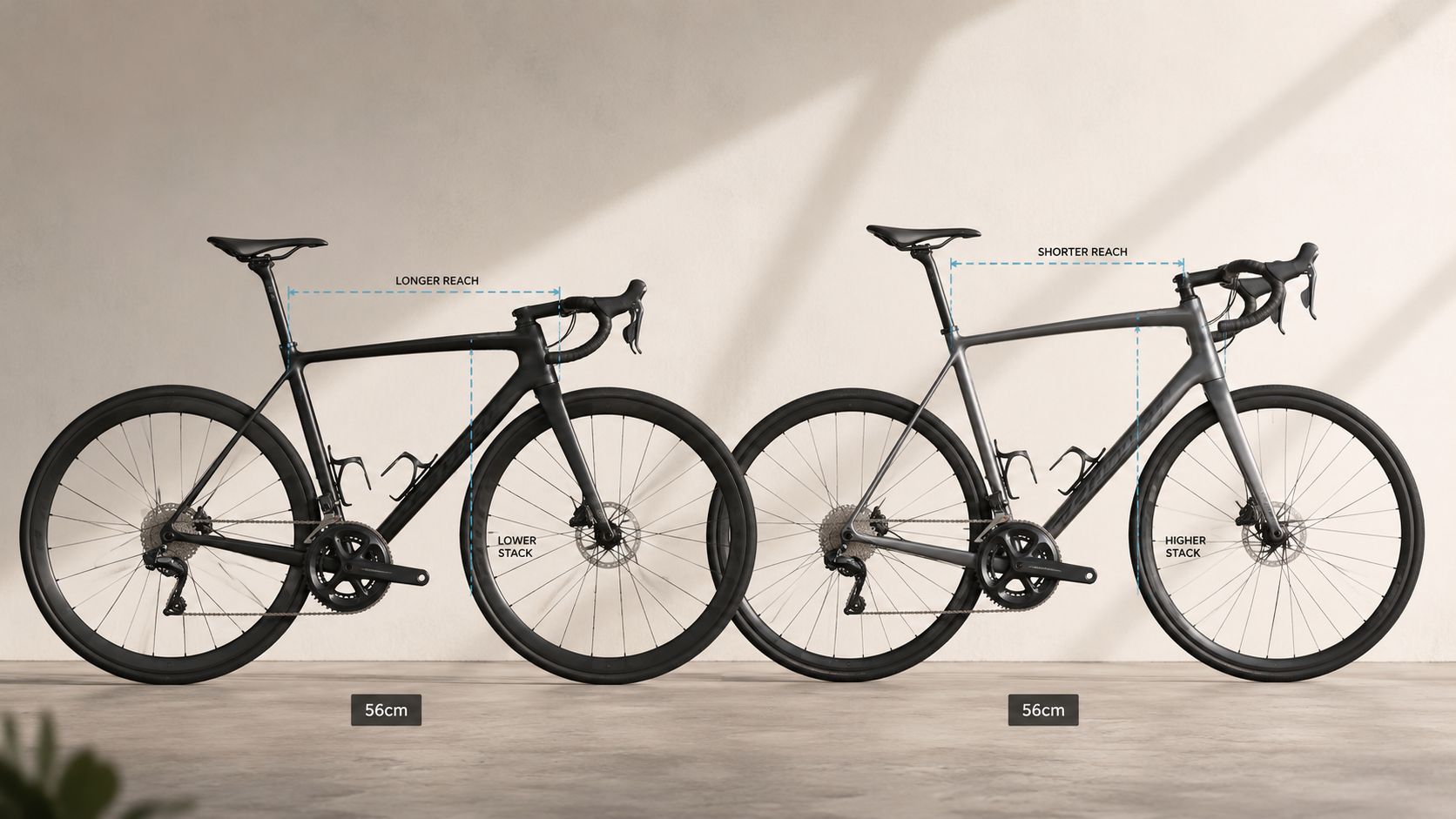A side-by-side comparison of two 56cm road bikes illustrating differences in reach and stack geometry measurements.