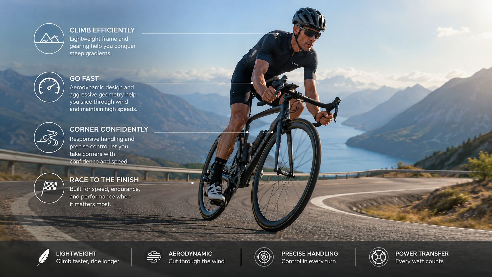 A professional cyclist riding a performance road bike on a scenic mountain road during sunset.