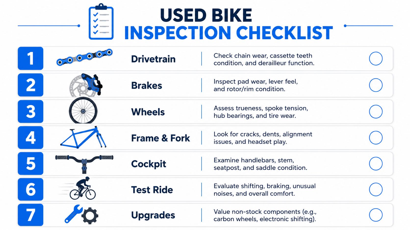 A comprehensive seven-step inspection checklist for evaluating the condition and value of a used bicycle.