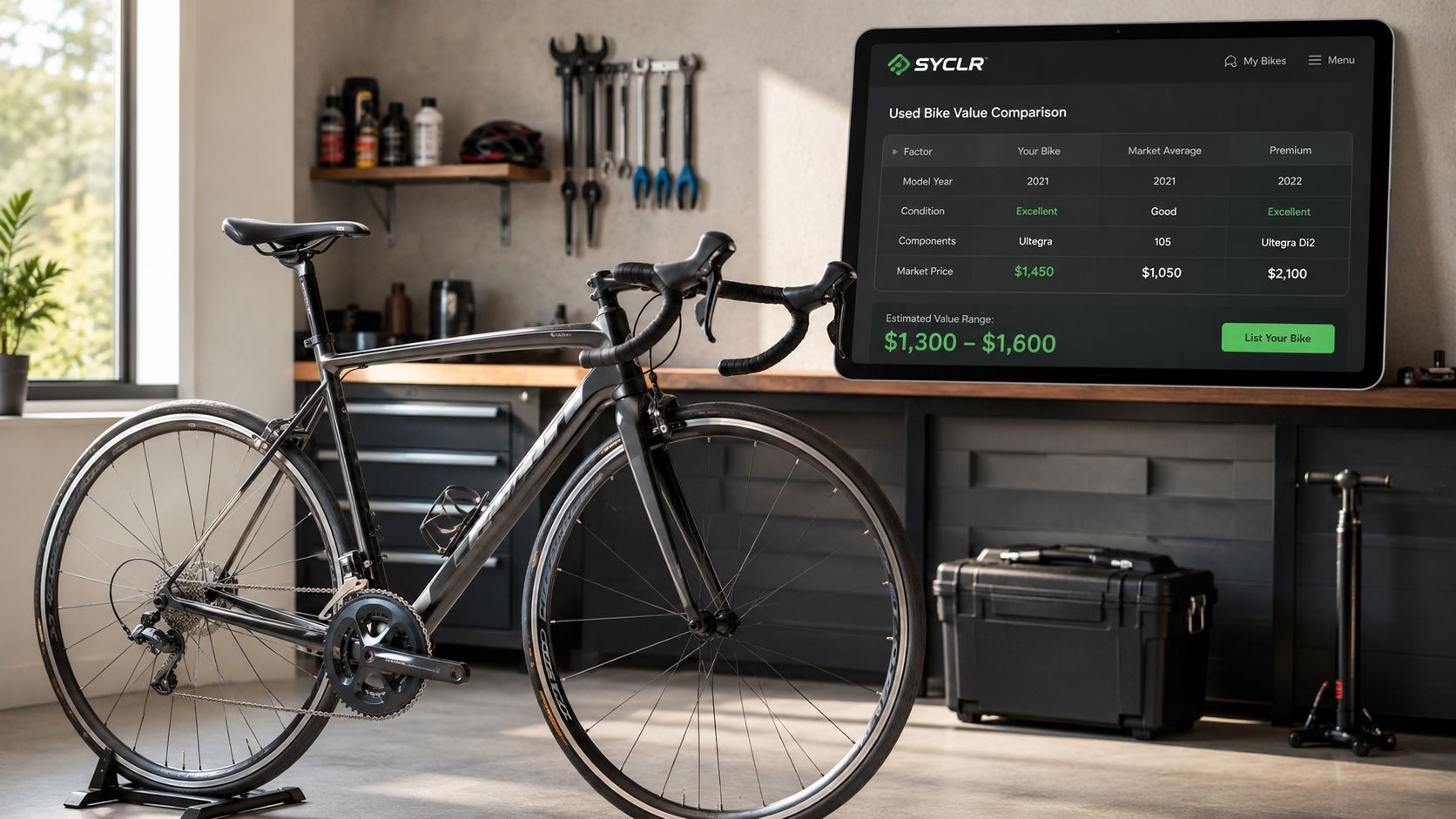 A modern bicycle in a garage with a digital screen displaying used bike market value comparison data.