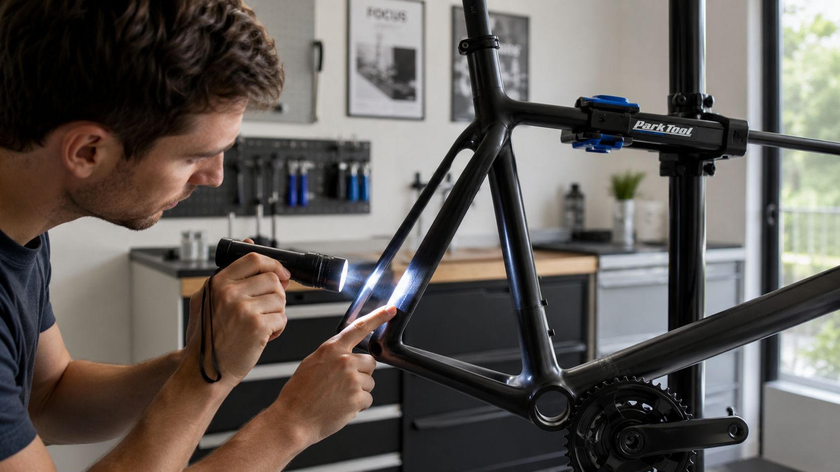 A mechanic inspecting a bicycle frame for damage using a bright LED flashlight in a workshop.