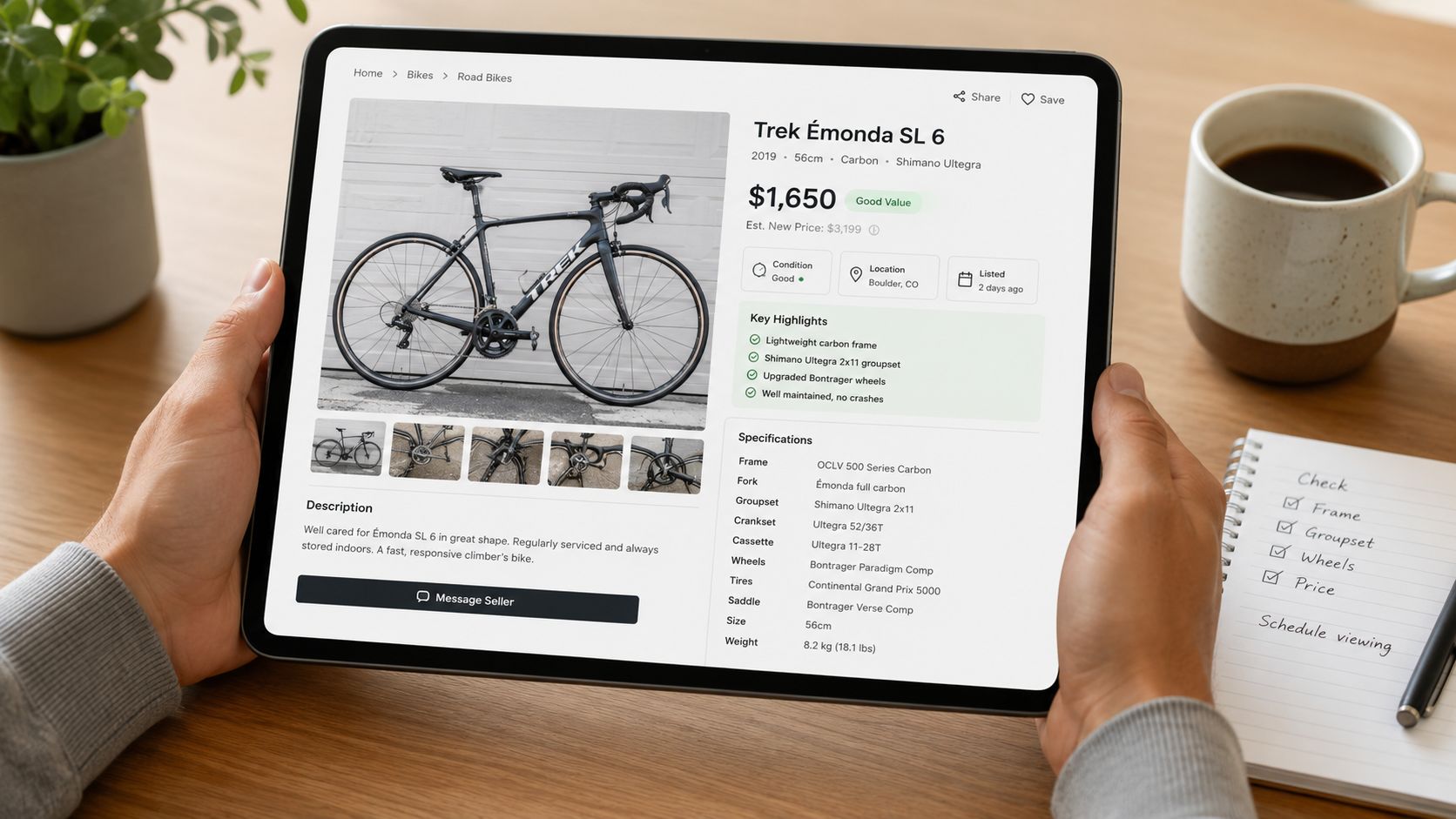 A person holding a tablet displaying an online listing for a pre-owned Trek road bike for sale.
