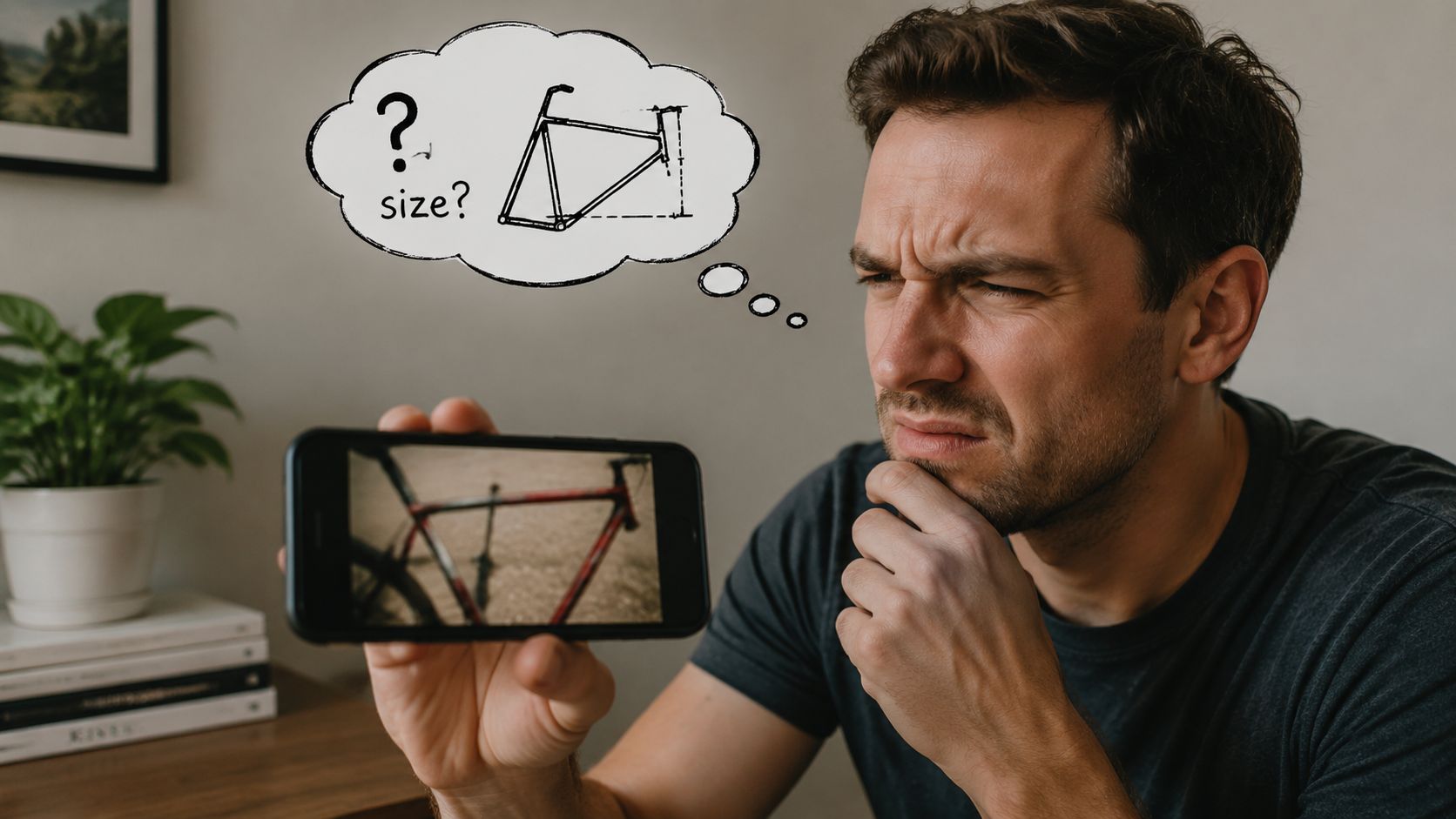 A concerned man looking at his smartphone while pondering about the correct bicycle frame size for purchase.