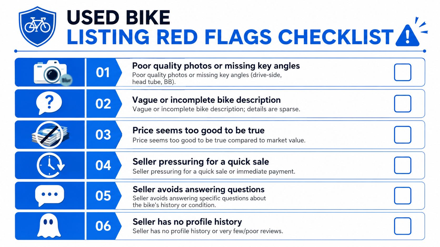 A checklist of red flags to look out for when purchasing a pre-owned bicycle online.