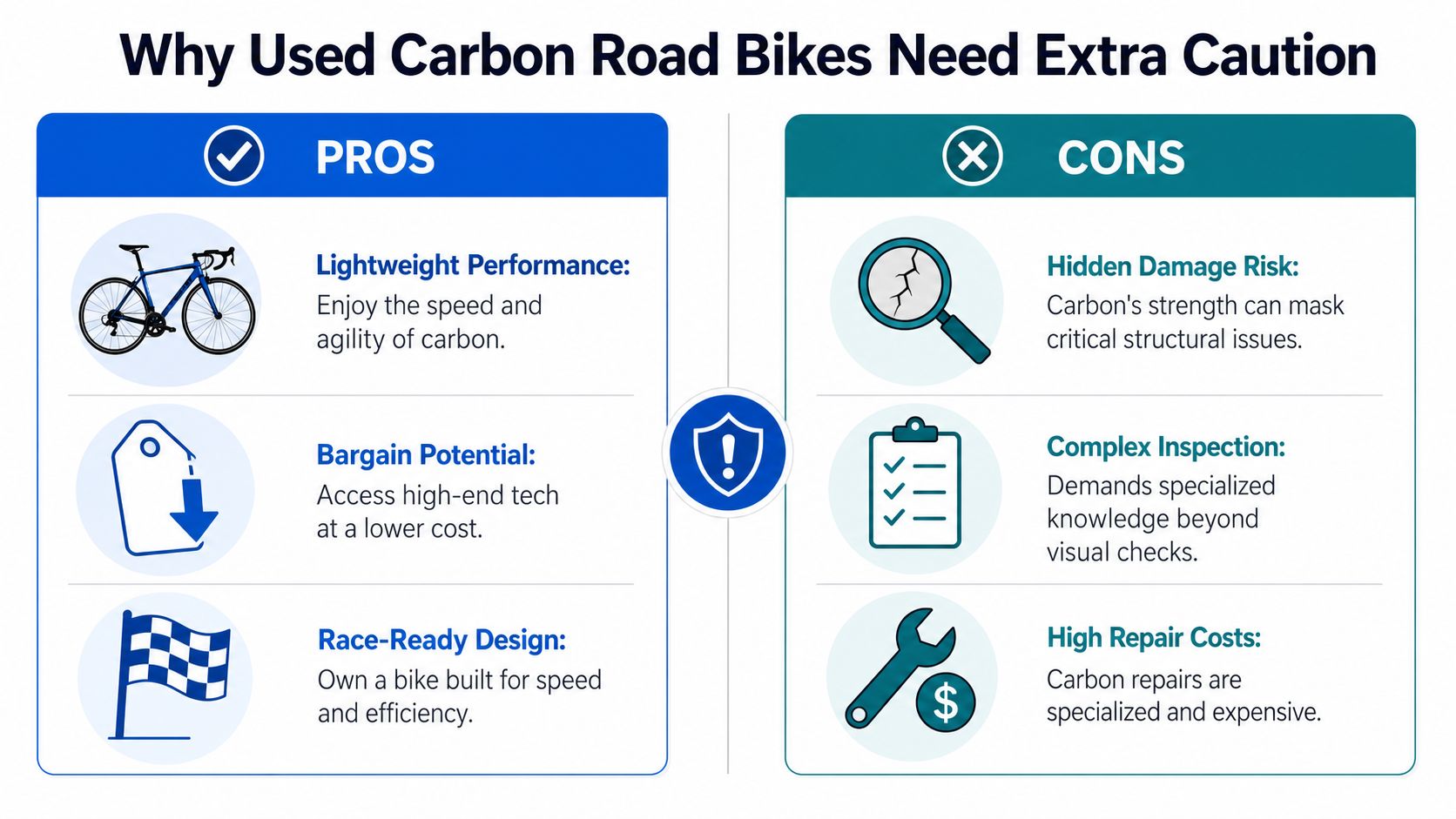 A comparison chart outlining the pros and cons of purchasing a used carbon road bike.