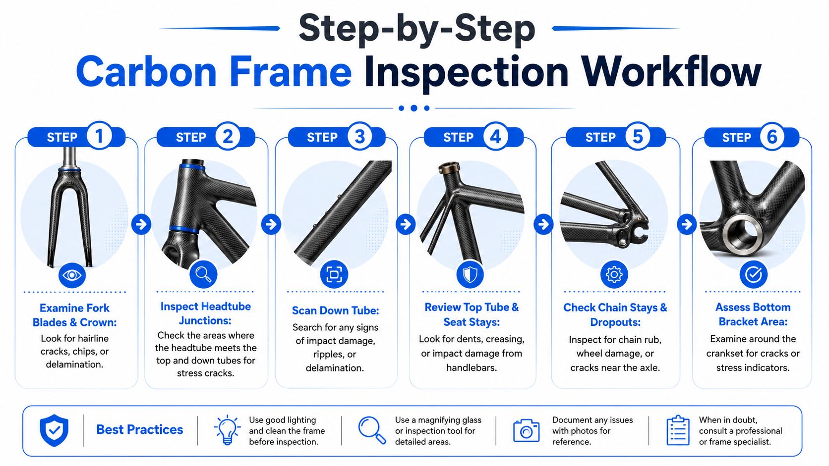 A six-step infographic illustrating a workflow for inspecting a carbon fiber bicycle frame for structural damage.