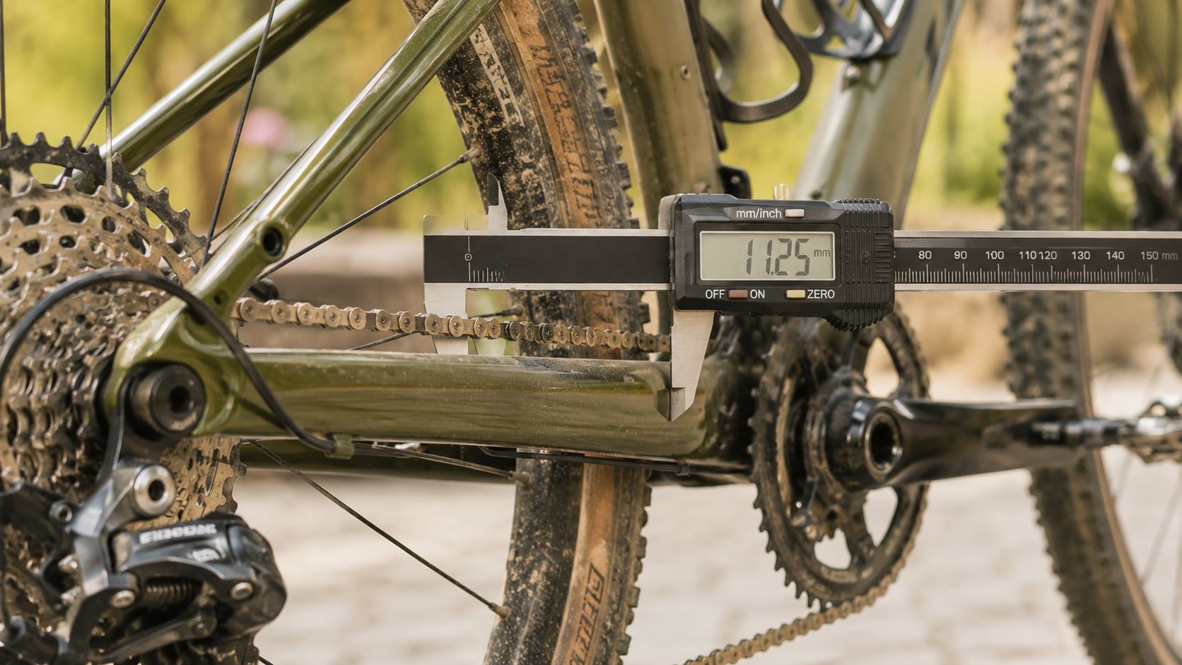A pair of digital calipers measuring the length of a bicycle chain on a muddy gravel bike frame.