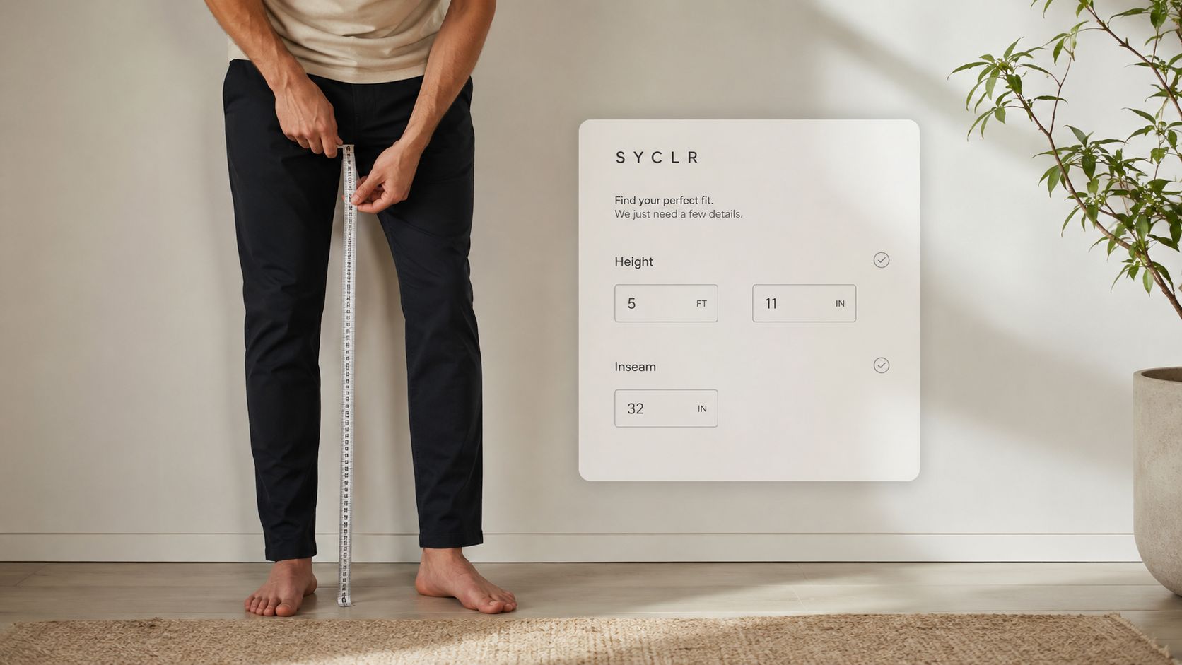 A man measuring his inseam while selecting height and inseam sizes on a digital web interface form.