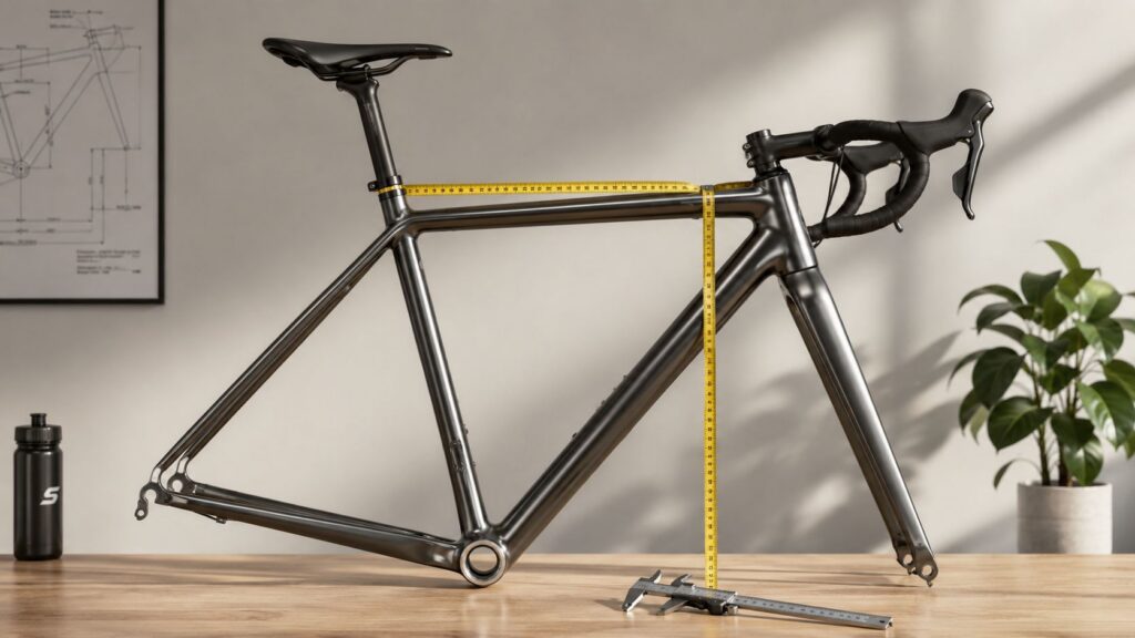 Bare road bike frame on a desk with a tape measure along the top tube and a geometry drawing behind